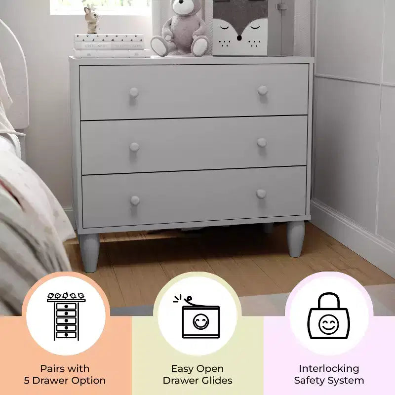Comò a 3 cassetti in legno per bambini per camera da letto, legno ingegnerizzato con gambe affusolate, età 3-9 anni