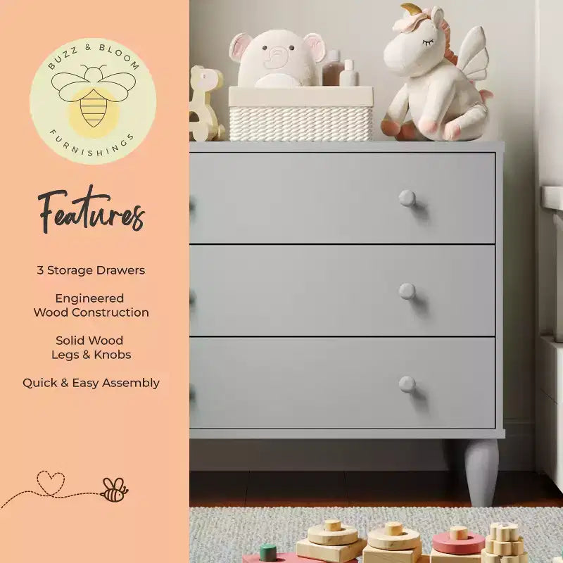 Comò a 3 cassetti in legno per bambini per camera da letto, legno ingegnerizzato con gambe affusolate, età 3-9 anni