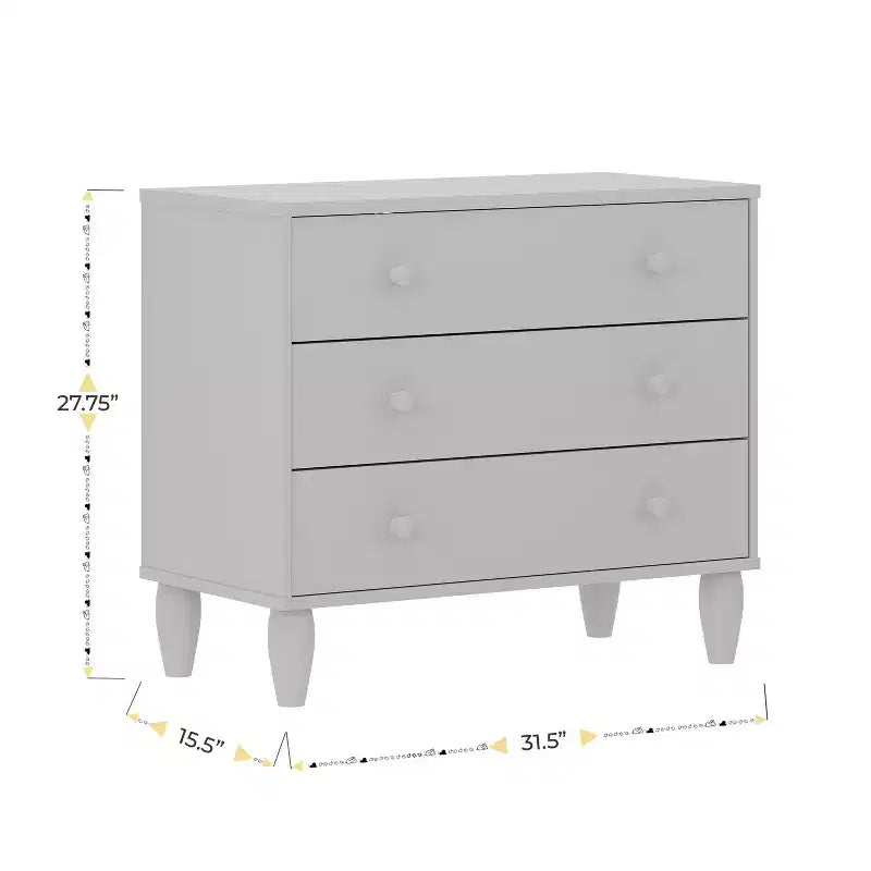 Comò a 3 cassetti in legno per bambini per camera da letto, legno ingegnerizzato con gambe affusolate, età 3-9 anni