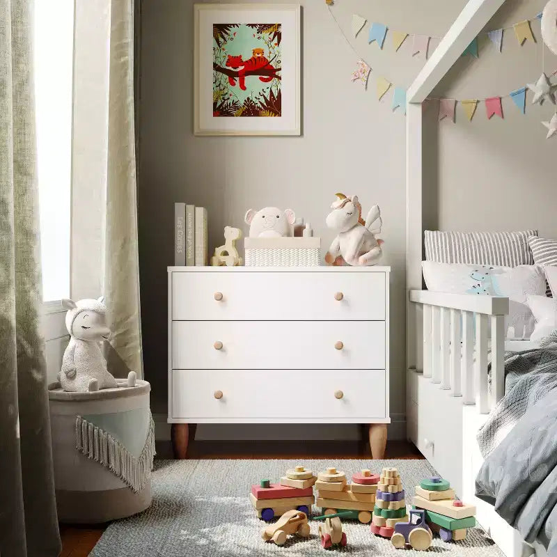 Comò a 3 cassetti in legno per bambini per camera da letto, legno ingegnerizzato con gambe affusolate, età 3-9 anni