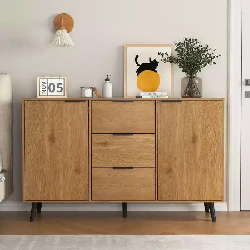 Mobile credenza in legno naturale da 47,2 pollici - 3 cassetti, 2 ante, mobile contenitore e credenza da cucina per caffè