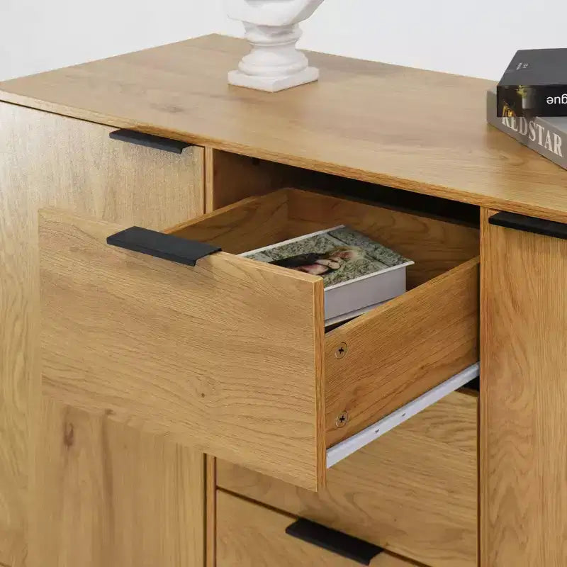 Mobile credenza in legno naturale da 47,2 pollici - 3 cassetti, 2 ante, mobile contenitore e credenza da cucina per caffè