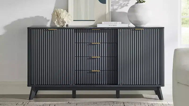 Fluted Dresser with 4 Drawers, 60 Modern Chest with Sliding Doors & Faux Marble Top, Wood Storage Organizer for Bedroom, Living Room