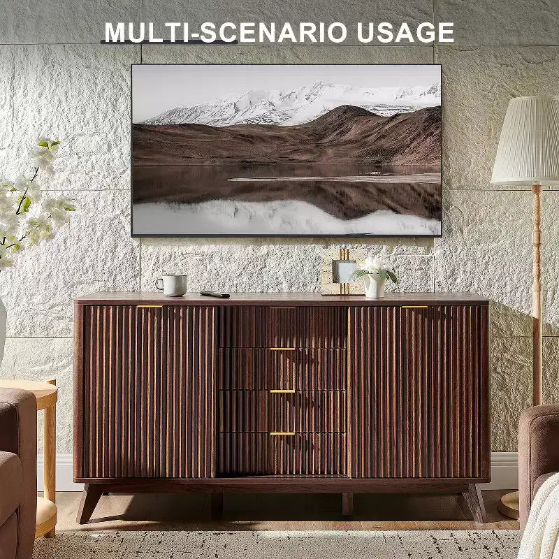 Cassettiera Scanalata con 4 Cassetti, Comò Moderno da 60 con Ante Scorrevoli e Top Effetto Marmo, Organizzatore Contenitore in Legno per Camera da Letto, Soggiorno