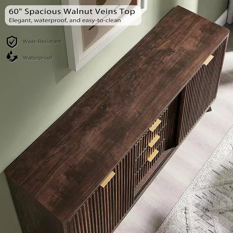 Cassettiera Scanalata con 4 Cassetti, Comò Moderno da 60 con Ante Scorrevoli e Top Effetto Marmo, Organizzatore Contenitore in Legno per Camera da Letto, Soggiorno