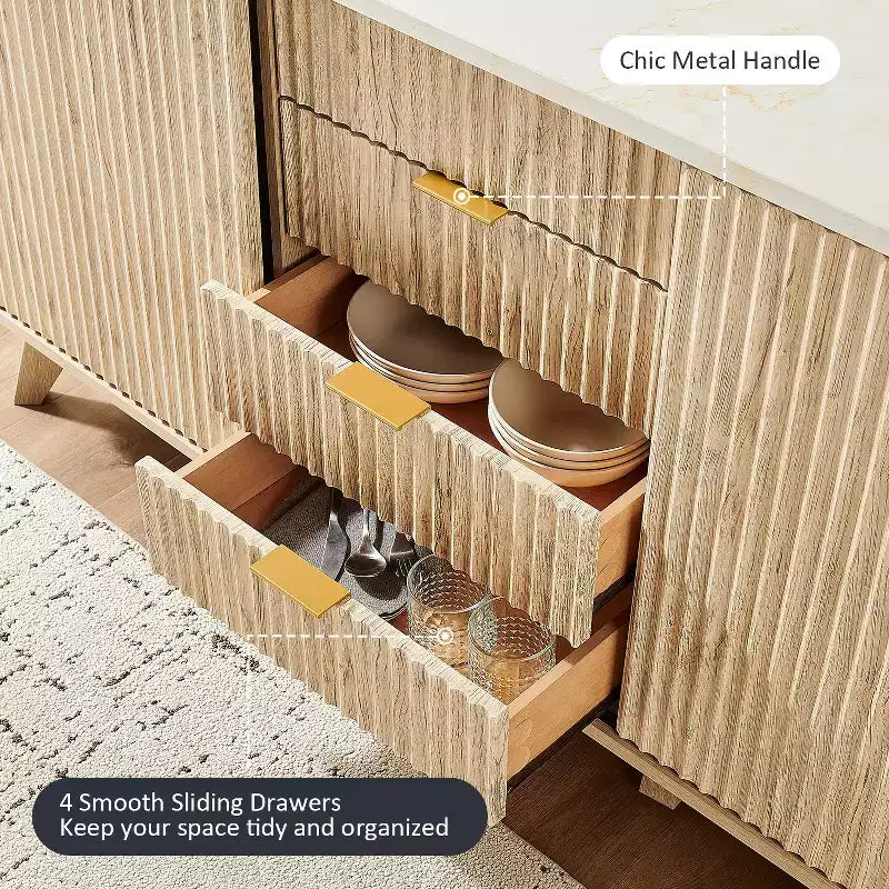Cassettiera Scanalata con 4 Cassetti, Comò Moderno da 60 con Ante Scorrevoli e Top Effetto Marmo, Organizzatore Contenitore in Legno per Camera da Letto, Soggiorno