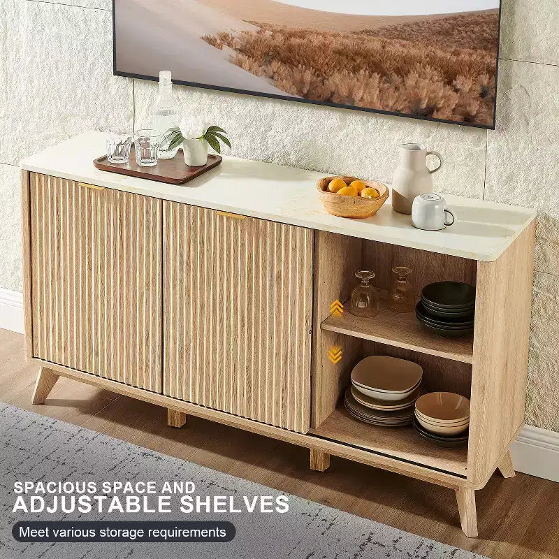 Cassettiera Scanalata con 4 Cassetti, Comò Moderno da 60 con Ante Scorrevoli e Top Effetto Marmo, Organizzatore Contenitore in Legno per Camera da Letto, Soggiorno