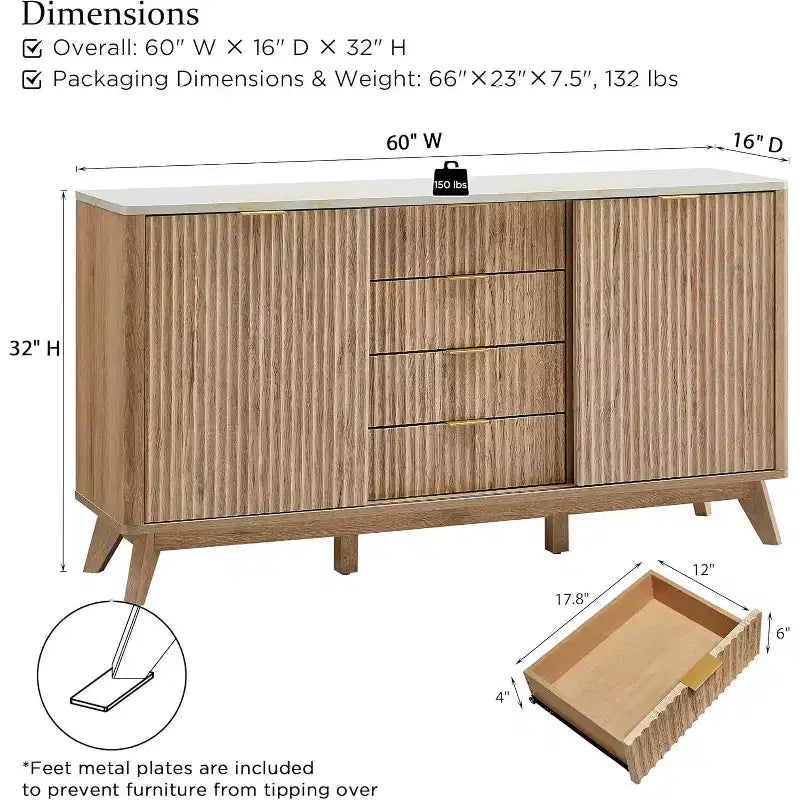 Cassettiera Scanalata con 4 Cassetti, Comò Moderno da 60 con Ante Scorrevoli e Top Effetto Marmo, Organizzatore Contenitore in Legno per Camera da Letto, Soggiorno