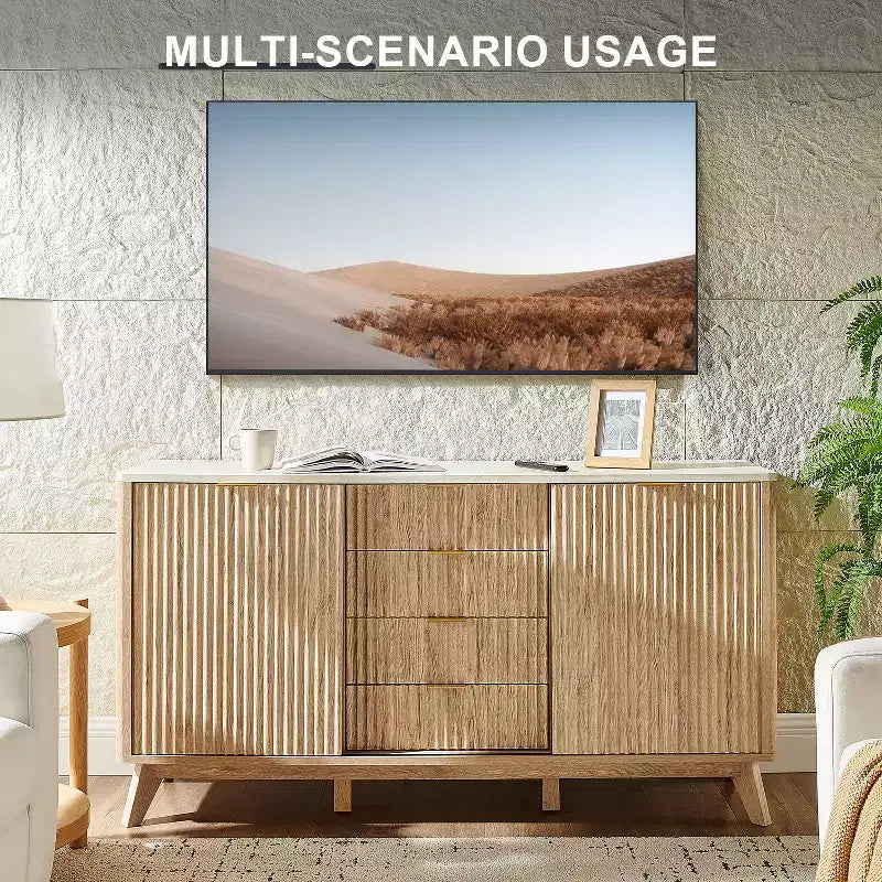 Cassettiera Scanalata con 4 Cassetti, Comò Moderno da 60 con Ante Scorrevoli e Top Effetto Marmo, Organizzatore Contenitore in Legno per Camera da Letto, Soggiorno