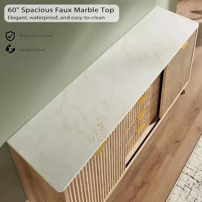 Cassettiera Scanalata con 4 Cassetti, Comò Moderno da 60 con Ante Scorrevoli e Top Effetto Marmo, Organizzatore Contenitore in Legno per Camera da Letto, Soggiorno