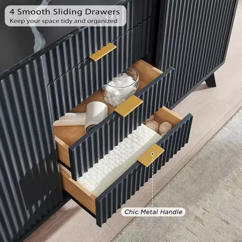 Cassettiera Scanalata con 4 Cassetti, Comò Moderno da 60 con Ante Scorrevoli e Top Effetto Marmo, Organizzatore Contenitore in Legno per Camera da Letto, Soggiorno