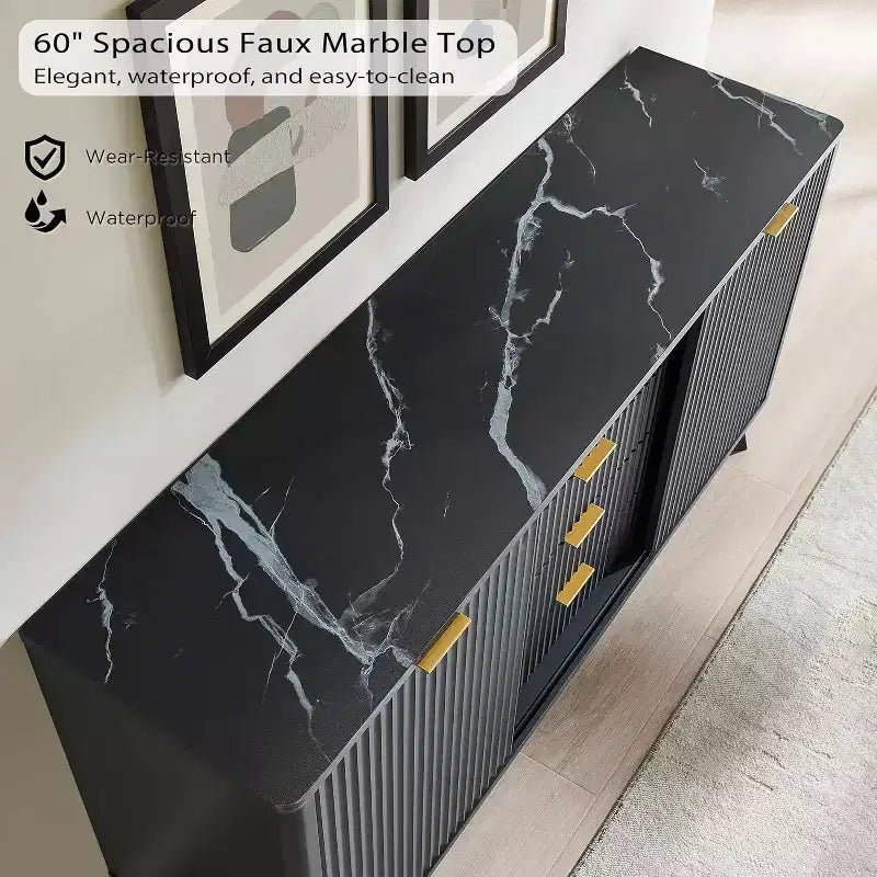 Cassettiera Scanalata con 4 Cassetti, Comò Moderno da 60 con Ante Scorrevoli e Top Effetto Marmo, Organizzatore Contenitore in Legno per Camera da Letto, Soggiorno
