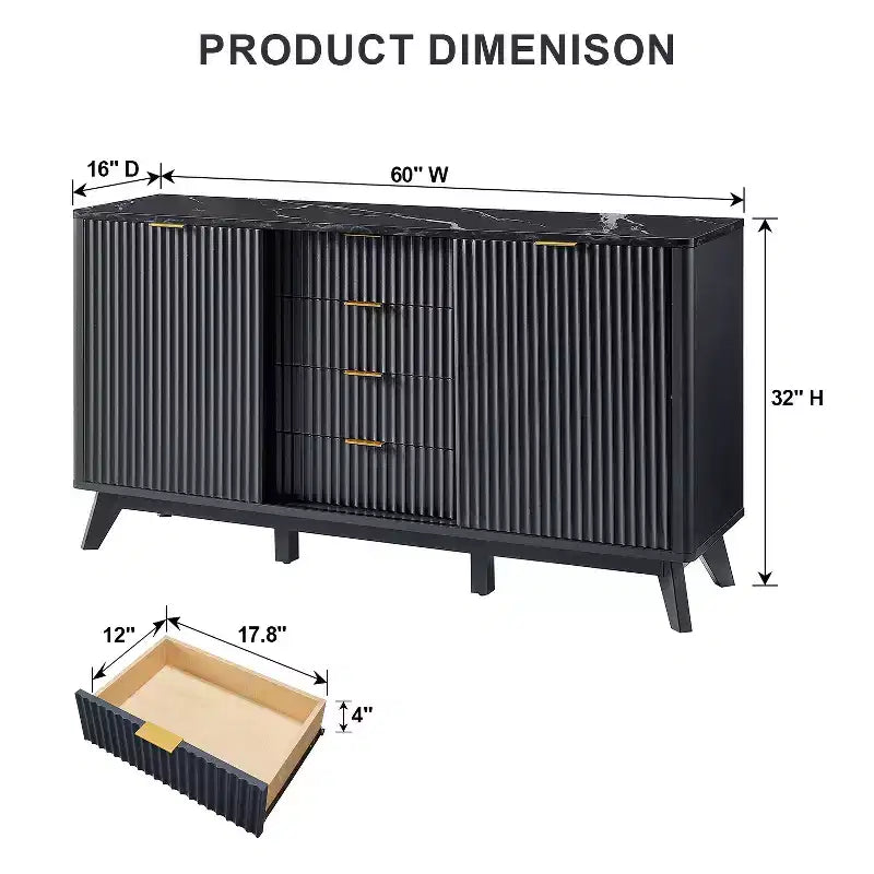 Cassettiera Scanalata con 4 Cassetti, Comò Moderno da 60 con Ante Scorrevoli e Top Effetto Marmo, Organizzatore Contenitore in Legno per Camera da Letto, Soggiorno