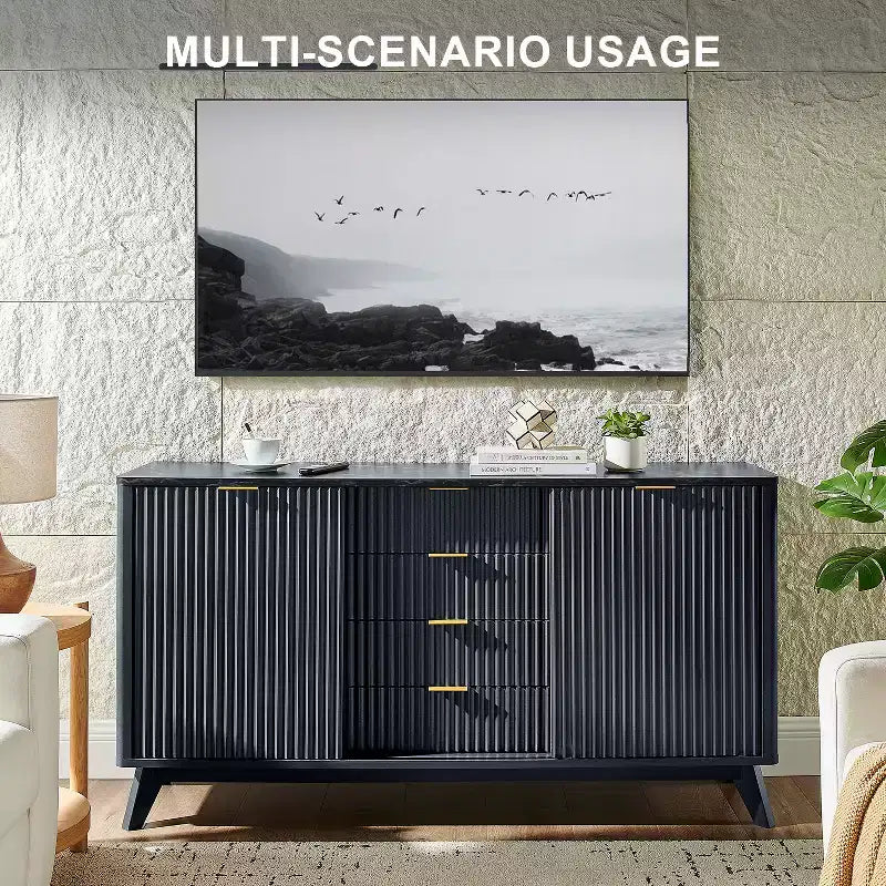 Cassettiera Scanalata con 4 Cassetti, Comò Moderno da 60 con Ante Scorrevoli e Top Effetto Marmo, Organizzatore Contenitore in Legno per Camera da Letto, Soggiorno