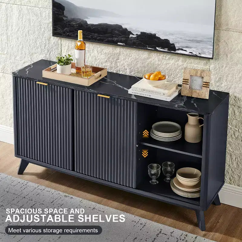 Cassettiera Scanalata con 4 Cassetti, Comò Moderno da 60 con Ante Scorrevoli e Top Effetto Marmo, Organizzatore Contenitore in Legno per Camera da Letto, Soggiorno