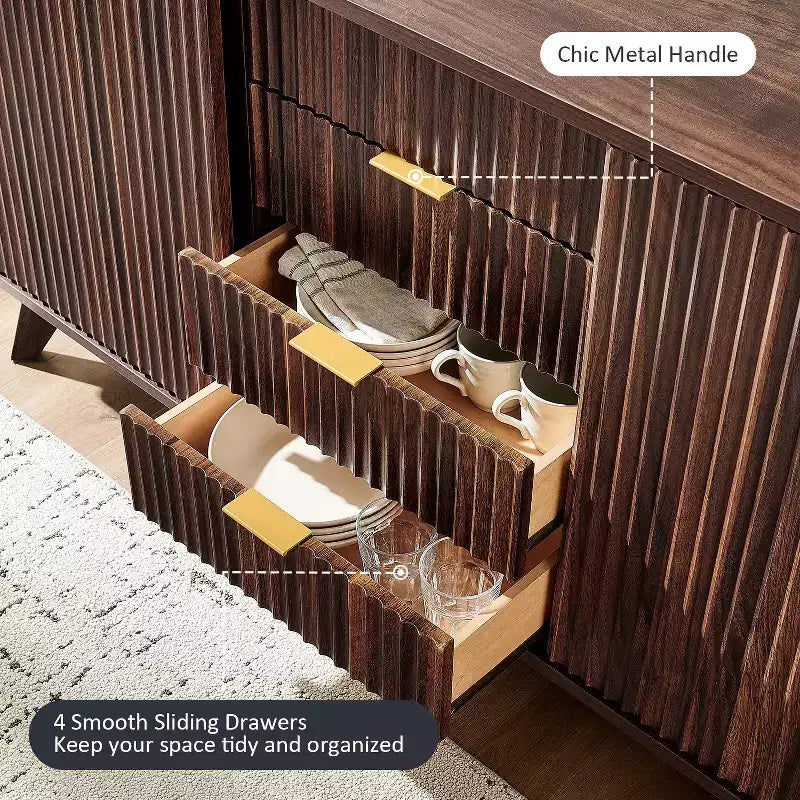 Cassettiera Scanalata con 4 Cassetti, Comò Moderno da 60 con Ante Scorrevoli e Top Effetto Marmo, Organizzatore Contenitore in Legno per Camera da Letto, Soggiorno