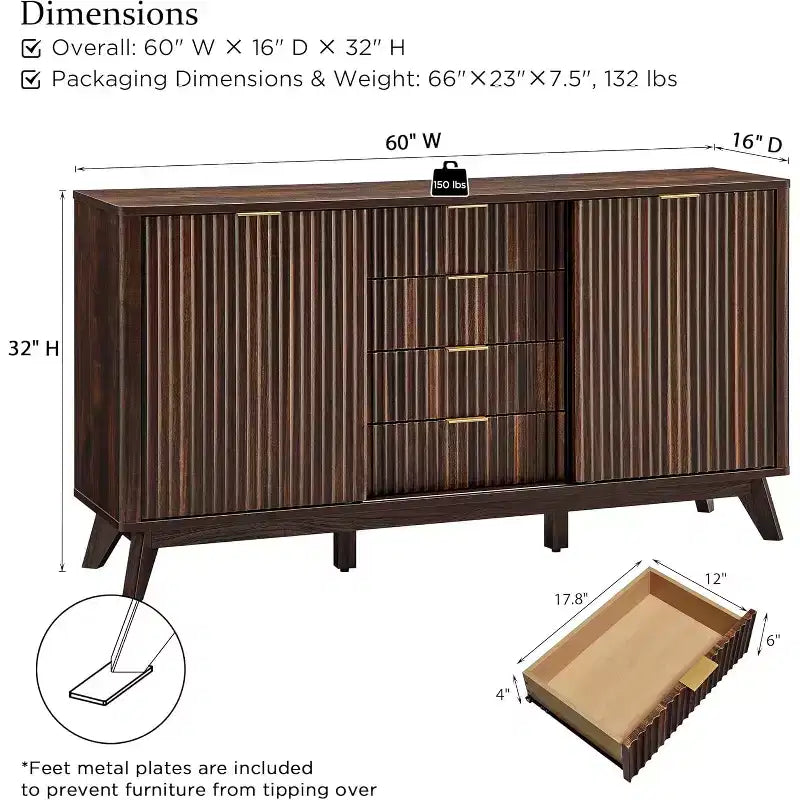 Cassettiera Scanalata con 4 Cassetti, Comò Moderno da 60 con Ante Scorrevoli e Top Effetto Marmo, Organizzatore Contenitore in Legno per Camera da Letto, Soggiorno