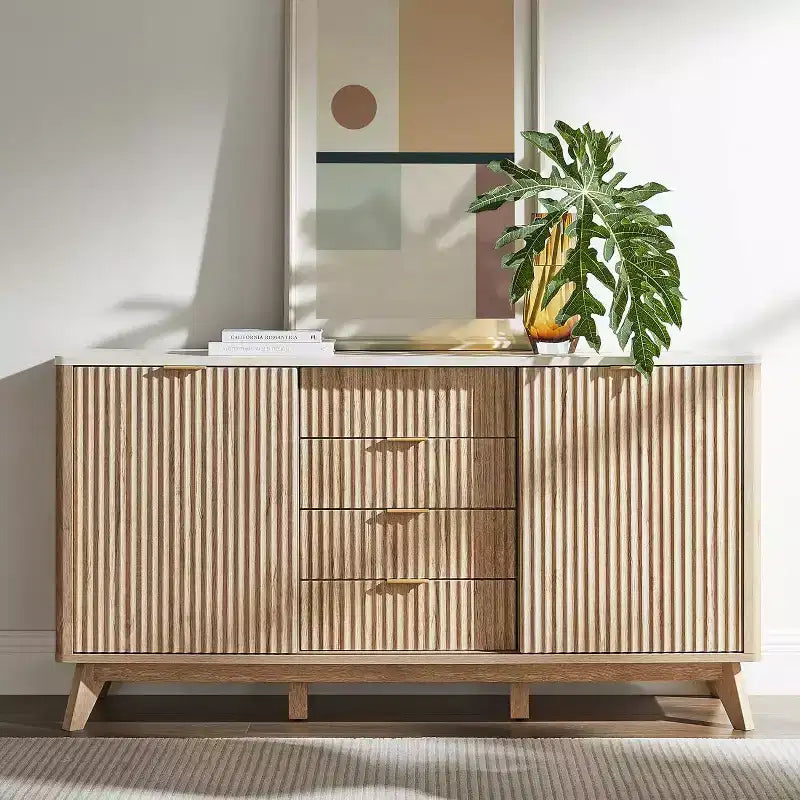 Cassettiera Scanalata con 4 Cassetti, Comò Moderno da 60 con Ante Scorrevoli e Top Effetto Marmo, Organizzatore Contenitore in Legno per Camera da Letto, Soggiorno