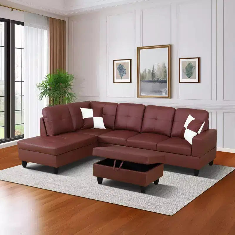 Burgundy Leather Sectional Sofa with Ottoman