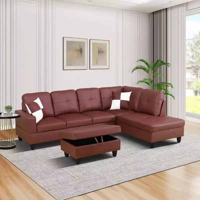 Divano componibile in pelle bordeaux con pouf