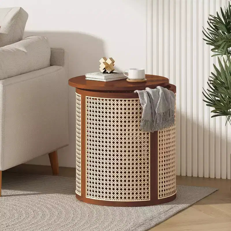 Tavolino rotondo in legno di gomma e rattan da 40 cm, tavolino d'appoggio moderno alto 45 cm, marrone
