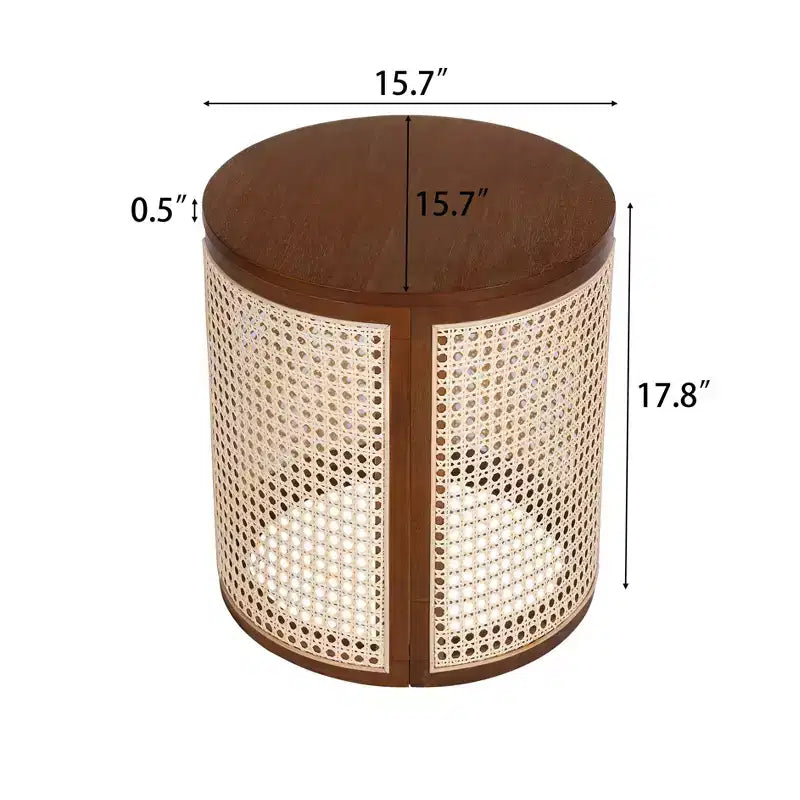 Tavolino rotondo in legno di gomma e rattan da 40 cm, tavolino d'appoggio moderno alto 45 cm, marrone