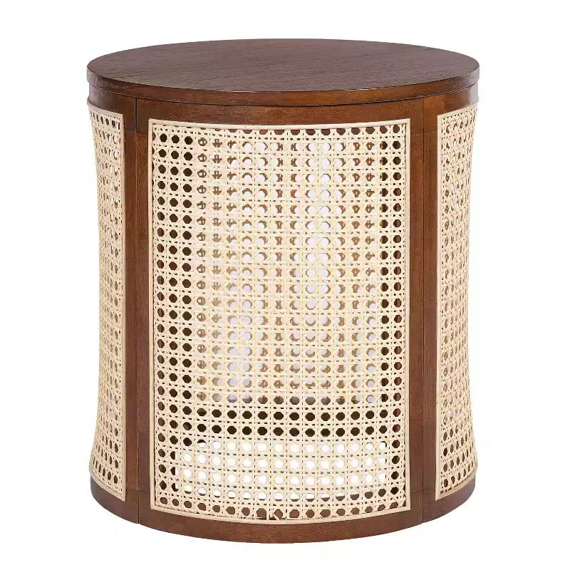 Tavolino rotondo in legno di gomma e rattan da 40 cm, tavolino d'appoggio moderno alto 45 cm, marrone