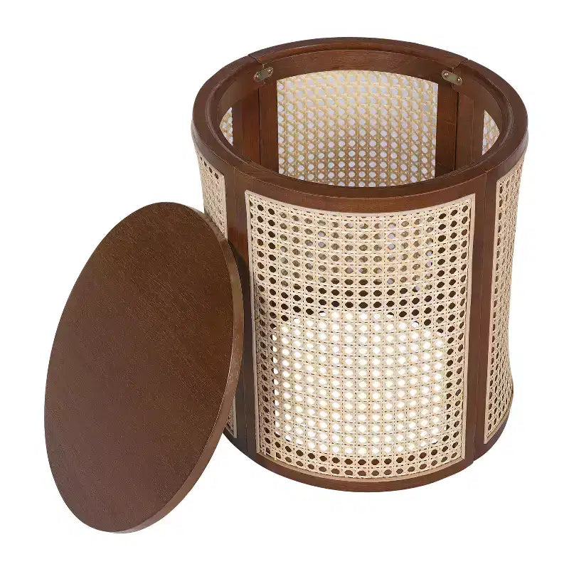 Tavolino rotondo in legno di gomma e rattan da 40 cm, tavolino d'appoggio moderno alto 45 cm, marrone