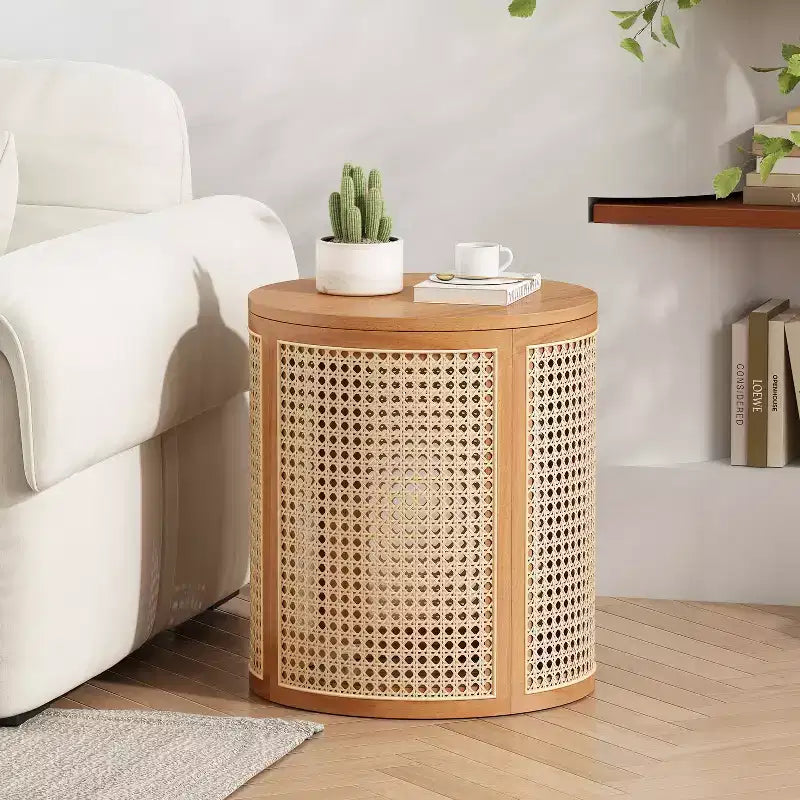 Tavolino rotondo in legno di gomma e rattan da 40 cm, tavolino d'appoggio moderno alto 45 cm, marrone