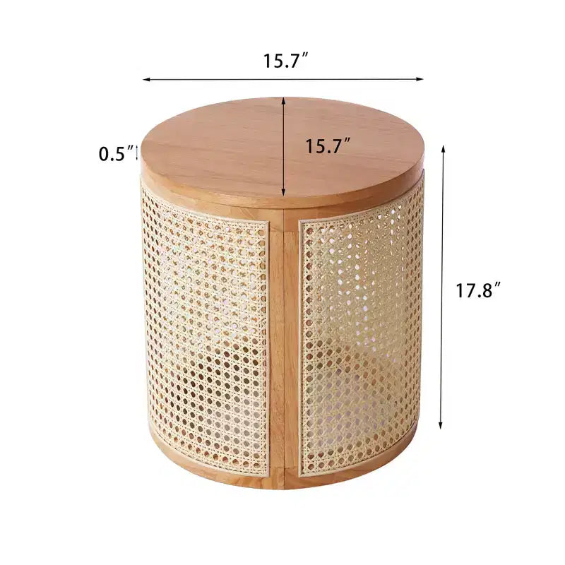Tavolino rotondo in legno di gomma e rattan da 40 cm, tavolino d'appoggio moderno alto 45 cm, marrone