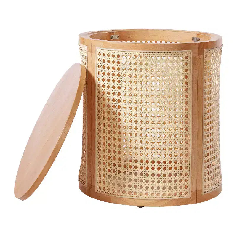 Tavolino rotondo in legno di gomma e rattan da 40 cm, tavolino d'appoggio moderno alto 45 cm, marrone