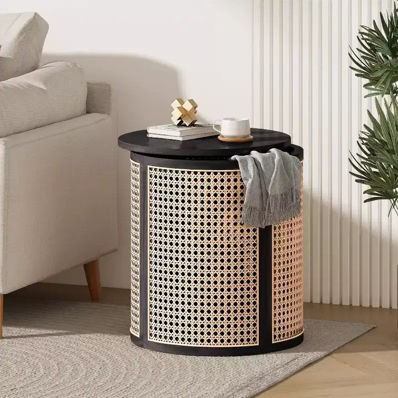 Tavolino rotondo in legno di gomma e rattan da 40 cm, tavolino d'appoggio moderno alto 45 cm, marrone