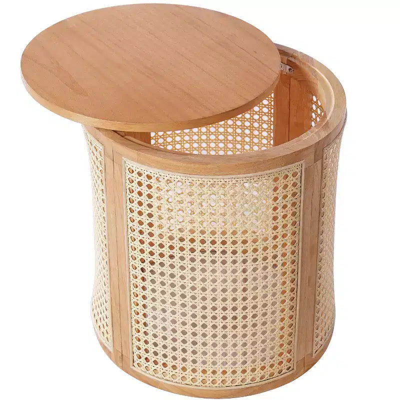 Tavolino rotondo in legno di gomma e rattan da 40 cm, tavolino d'appoggio moderno alto 45 cm, marrone