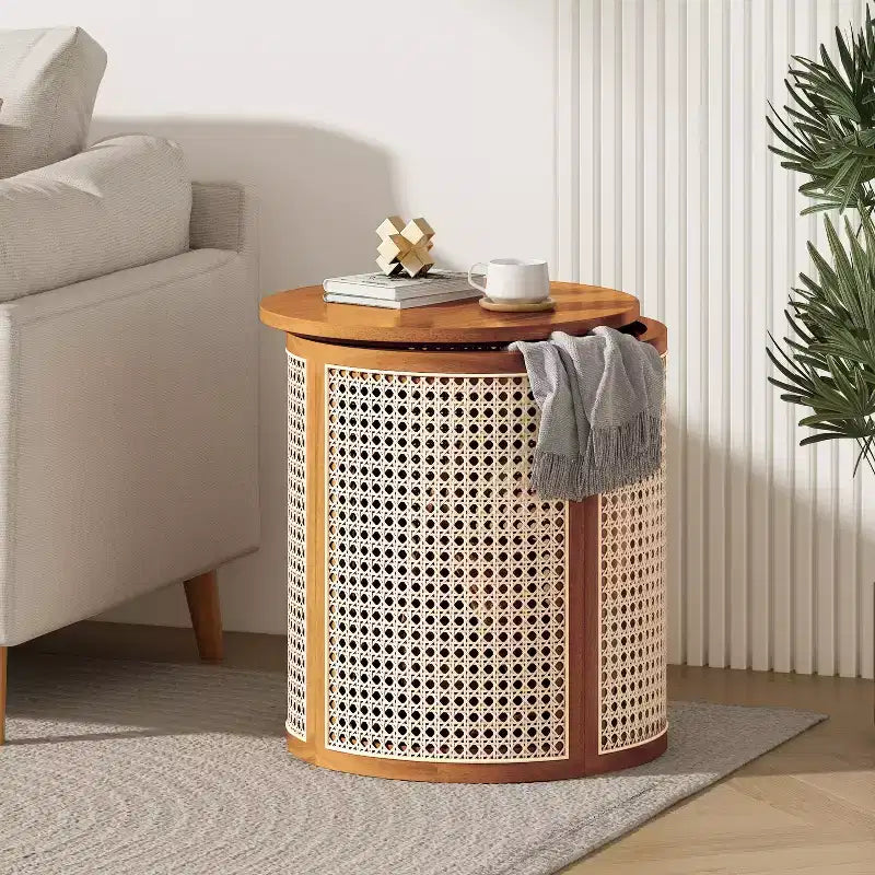 Tavolino rotondo in legno di gomma e rattan da 40 cm, tavolino d'appoggio moderno alto 45 cm, marrone