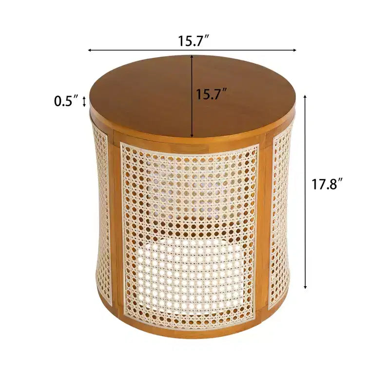 Tavolino rotondo in legno di gomma e rattan da 40 cm, tavolino d'appoggio moderno alto 45 cm, marrone