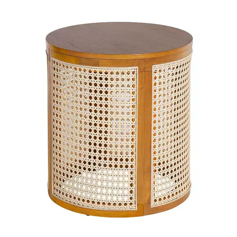 Tavolino rotondo in legno di gomma e rattan da 40 cm, tavolino d'appoggio moderno alto 45 cm, marrone
