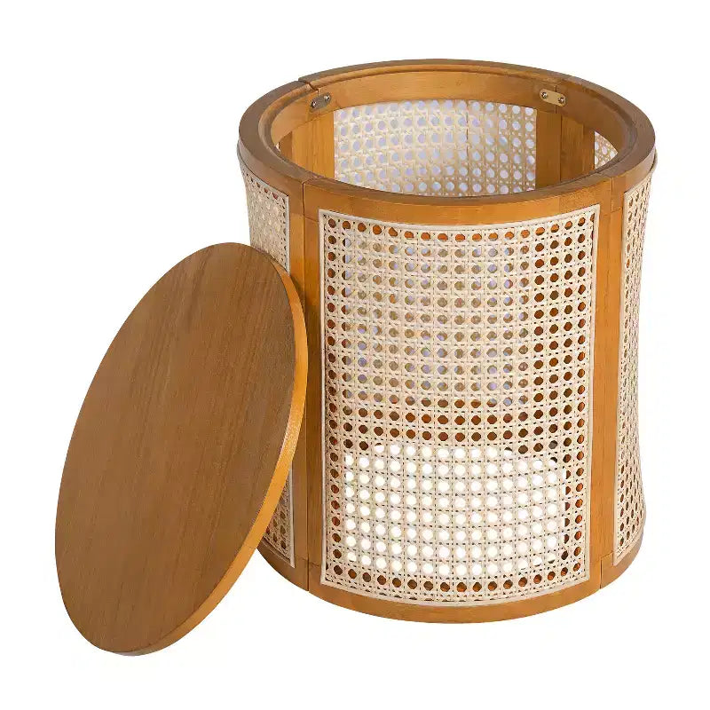 Tavolino rotondo in legno di gomma e rattan da 40 cm, tavolino d'appoggio moderno alto 45 cm, marrone