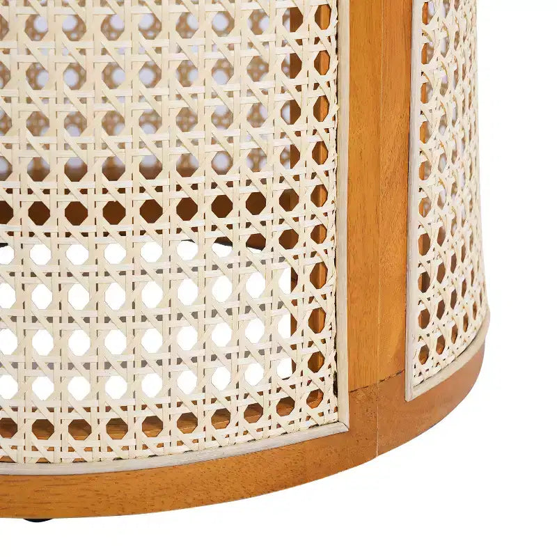 Tavolino rotondo in legno di gomma e rattan da 40 cm, tavolino d'appoggio moderno alto 45 cm, marrone