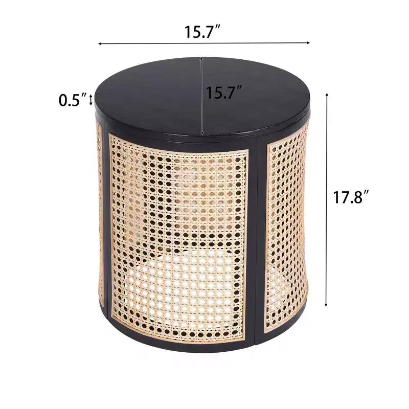 15.7" Round Rubberwood & Rattan Side Table, Modern Accent Table 17.8" Tall, Brown