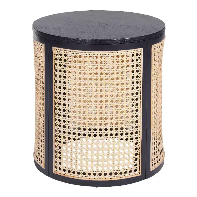 15.7" Round Rubberwood & Rattan Side Table, Modern Accent Table 17.8" Tall, Brown