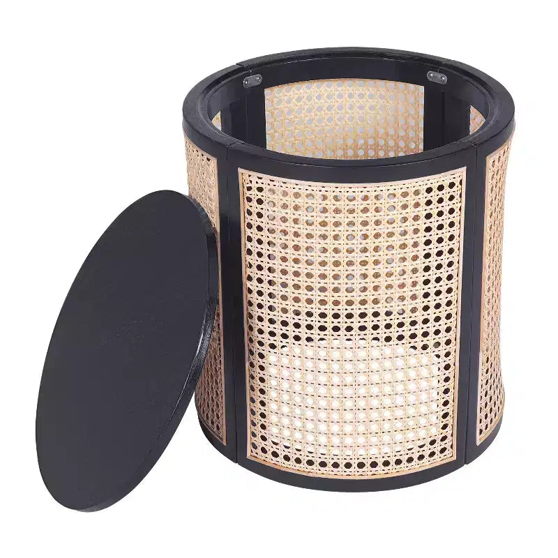 Tavolino rotondo in legno di gomma e rattan da 40 cm, tavolino d'appoggio moderno alto 45 cm, marrone