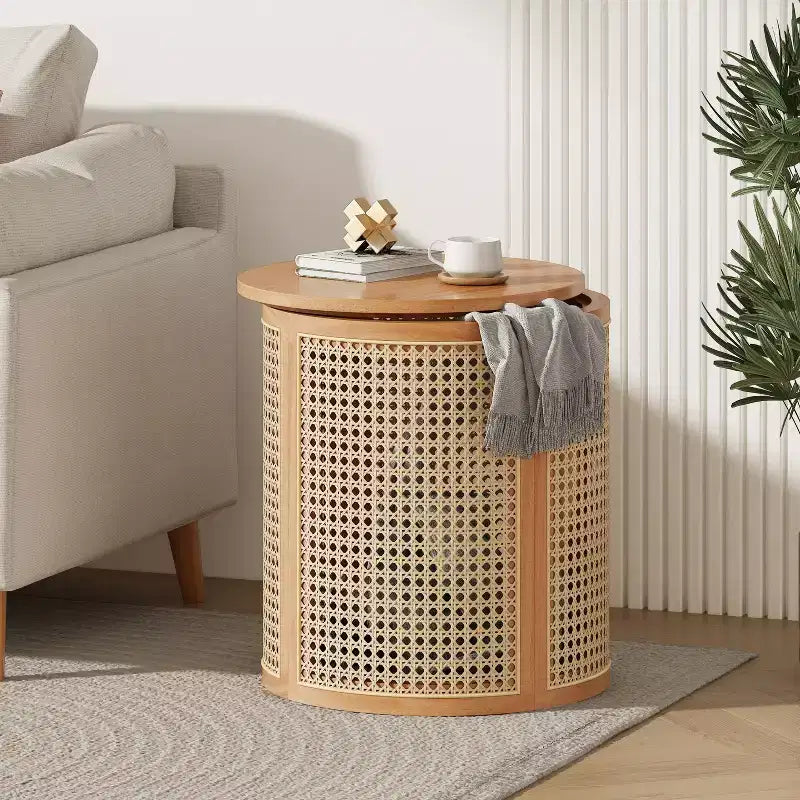 15.7" Round Rubberwood & Rattan Side Table, Modern Accent Table 17.8" Tall, Brown