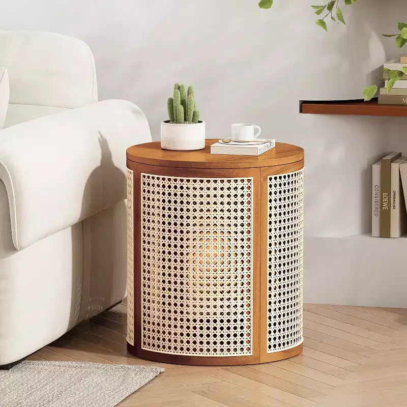 15.7" Round Rubberwood & Rattan Side Table, Modern Accent Table 17.8" Tall, Brown
