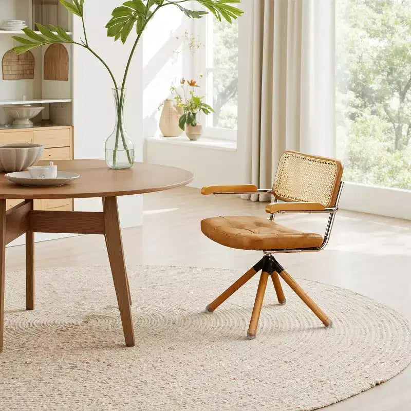Sedia da pranzo girevole in similpelle con schienale in canna di rattan e gambe in legno massello, rotazione a 360°