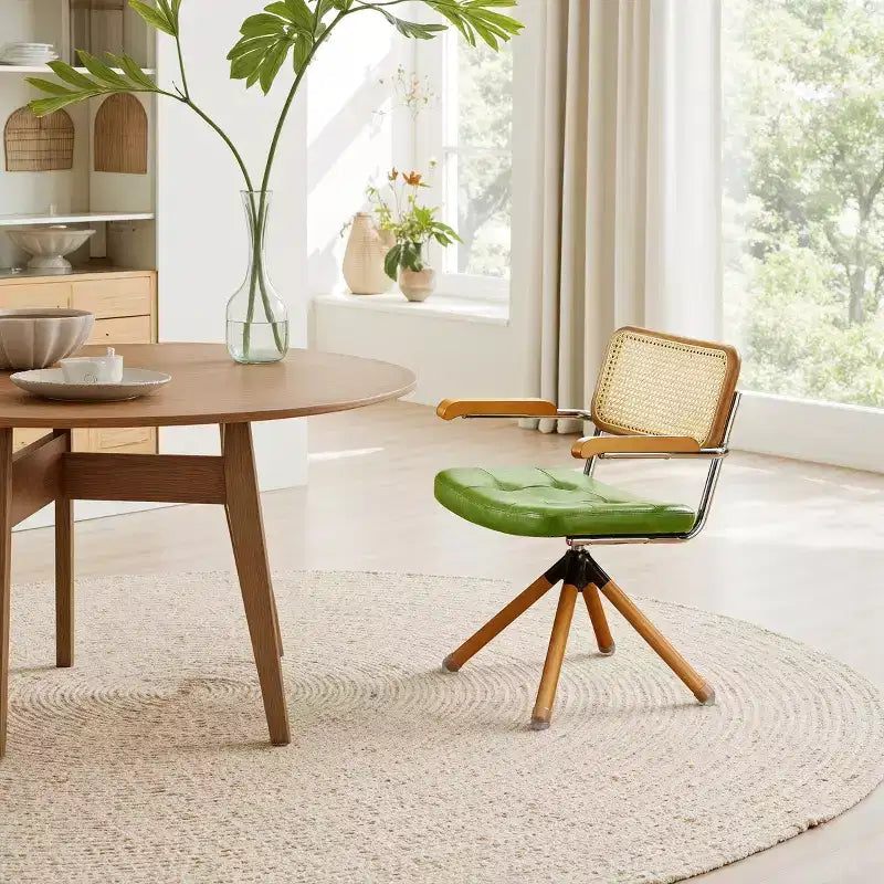 Sedia da pranzo girevole in similpelle con schienale in canna di rattan e gambe in legno massello, rotazione a 360°