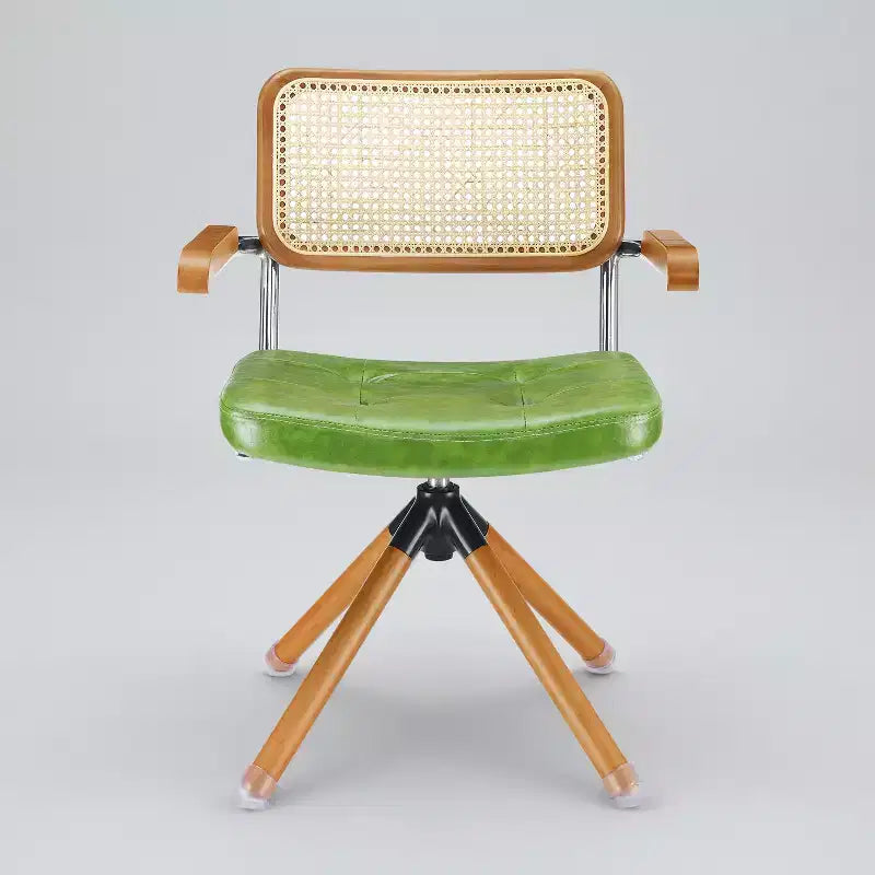 Sedia da pranzo girevole in similpelle con schienale in canna di rattan e gambe in legno massello, rotazione a 360°