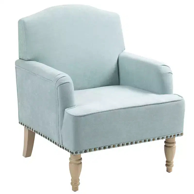 Poltrona con braccioli d'accento imbottita, ispirata al vintage, con finiture borchiate e gambe in legno, portata 136 kg
