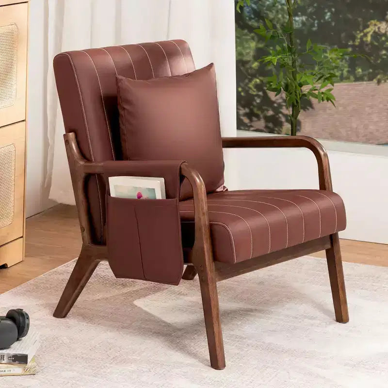 Hommpa Mid-century Accent Chair Ergonomic Leather Armchair with Wood Frame & Lumbar Pillow Brown