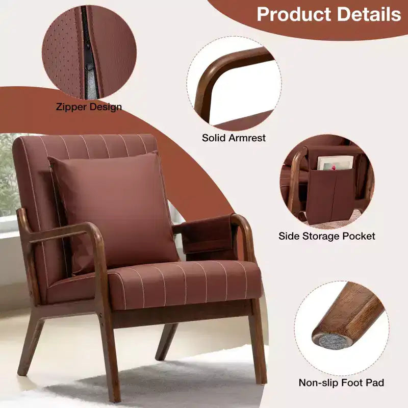 Poltrona accent mid-century, in similpelle con struttura in legno massello, cuscino lombare e tasca laterale