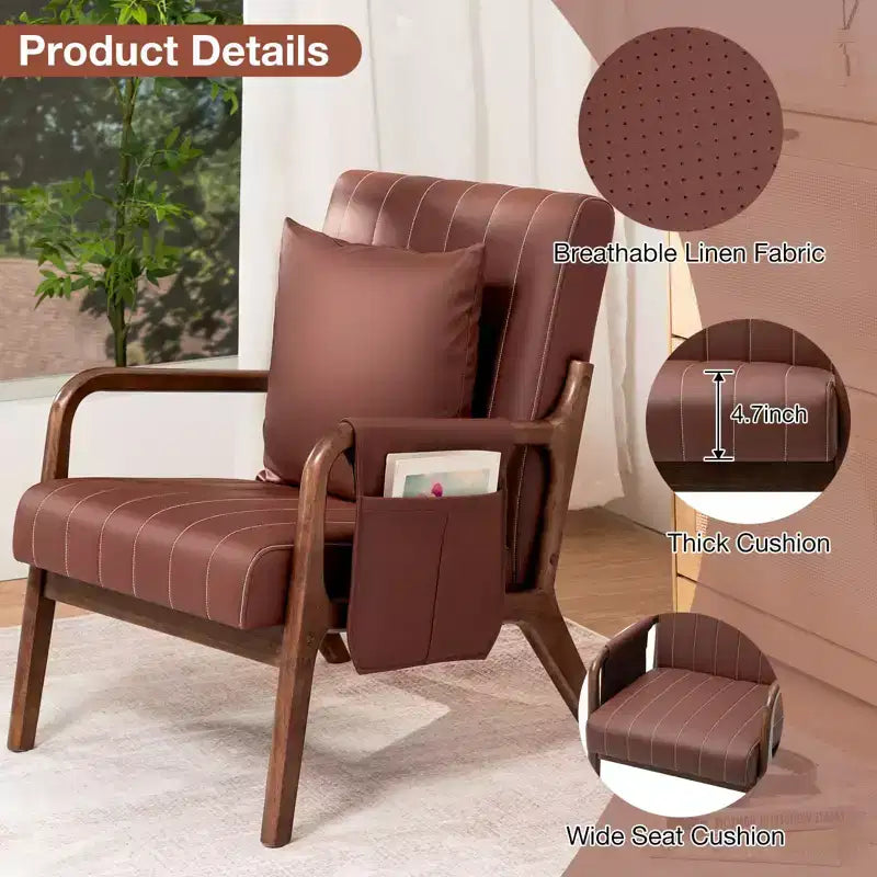 Poltrona accent mid-century, in similpelle con struttura in legno massello, cuscino lombare e tasca laterale